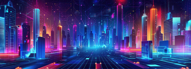 Cyber Cityscape: An electric cityscape illuminates with vibrant neon lights and digital networks, embodying the dynamic synergy of urban life and futuristic technology.