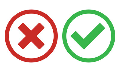 Tick and cross signs. Green tick OK and red X cross. YES and NO. False and true, right and wrong. Correct and incorrect, accept and reject. Digital content. Green checkmark, red X. vector illustration
