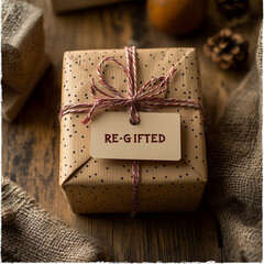 A small, neatly wrapped gift box labeled &ldquo;RE-GIFTED&rdquo; sits on a rustic wooden surface. The present is wrapped in brown paper with black speckles and tied with red and white twine.