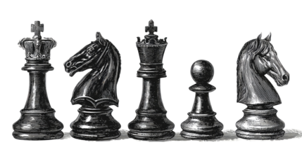 Set of classic chess pieces with king queen knight and rook isolated for strategy game, competition concept, and intellectual board game design