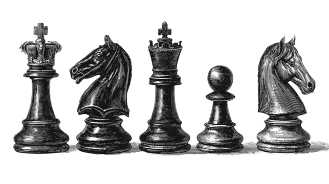Set of classic chess pieces with king queen knight and rook isolated for strategy game, competition concept, and intellectual board game design - Powered by Adobe