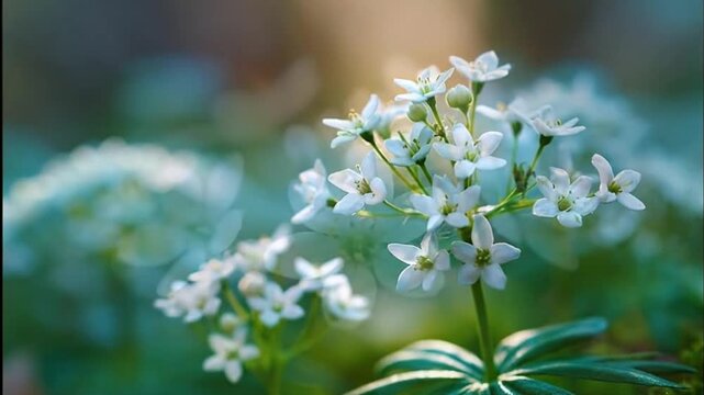 A delicate cluster of pristine white wildflowers gently sways, captured in a close-up perspective that highlights their intricate details and fresh green stems. Bathed in soft, natural light, the ethe