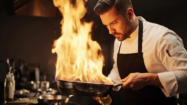 Sizzling food on stovetop with professional chef preparing meal flambing effect cooking food style featuring flamb? cooking