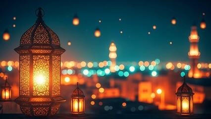 Beautiful illuminated lanterns and a blurred city skyline during a festive ramadan night
