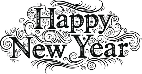 Obraz premium Hand lettered happy new year calligraphy design with flourishes and swirls