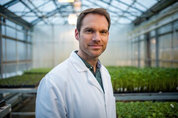 Male scientist in white lab coat standing in a greenhouse among young plants