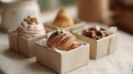 Four small square boxes of pastries arranged on a white tablecloth. the boxes are made of light-colored wood and have a beige color.