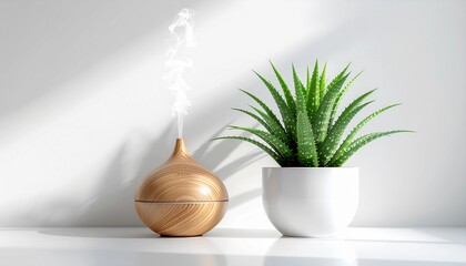 A wooden aroma diffuser emits gentle mist beside a vibrant green plant, cultivating a serene and healthful home environment, embodying sustainable living for enhanced well-being