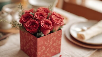 Small red box with a floral pattern on it, placed on a table. inside the box, there is a bouquet of red roses. the roses are arranged in a neat and orderly manner, with some leaves and stems visible.