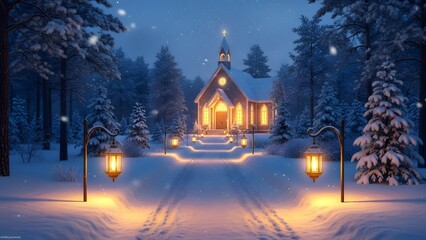 Snowy chapel illuminated at night with winter forest background