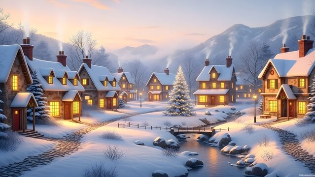 Charming winter village nestled in snow covered mountains at twilight - Powered by Adobe