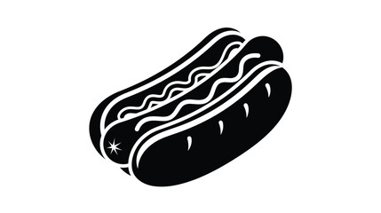 A simple black and white illustration of a classic hot dog