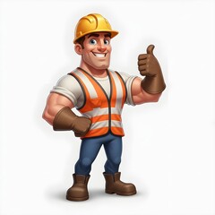 A cheerful cartoon construction worker wearing a hard hat and safety vest gives a thumbs-up on a plain white background.