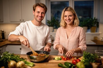 Couple cooking together in a warm kitchen, chopping vegetables and smiling