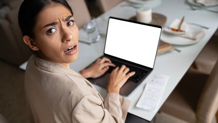 Worried young woman checking empty bank account on laptop at kitchen table