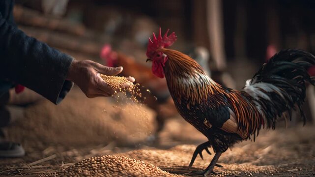 Farmer Feeding Rooster with Grain on a Farm during Sunrise in Rural Setting