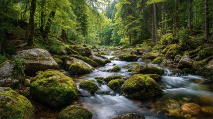 Obraz premium Mossy rocks line a stream flowing through a lush, green, temperate forest