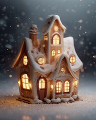 Obraz premium A charming gingerbread house illuminated with warm lights, surrounded by gentle snowfall, evoking a cozy winter atmosphere.