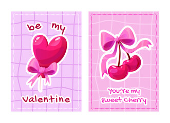 Coquette Valentine&rsquo;s Day Greeting Card Set. Be my Valentine. Cartoon Vector Illustration.