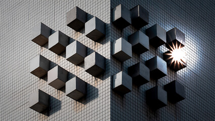 Black and white 3D geometric cube pattern featuring arrows on a white background for a modern digital business design concept