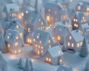 Obraz premium A charming winter village scene with illuminated houses surrounded by snow-covered trees, evoking a cozy holiday atmosphere.