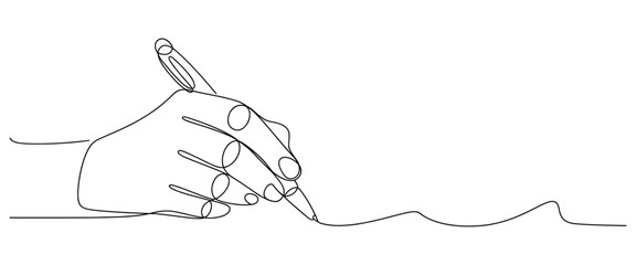 Line art hand writing continuous line art drawing showing minimalist single-line hand illustration with pen for writing, creative projects, conceptual artwork, and educational visuals