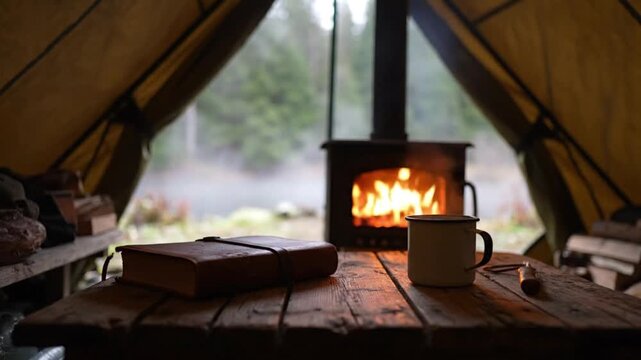 Cozy Camping Interior with Book and Coffee Mug by Fireplace