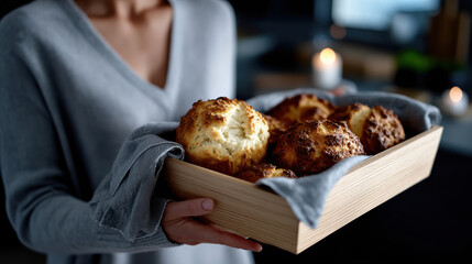 A person holds a basket filled with freshly baked bread, showcasing the warmth and homey feel of cooking and the joy of sharing delicious meals with loved ones.