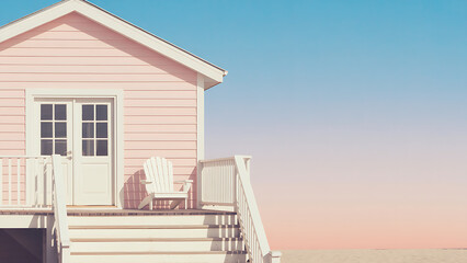 Blue and white wooden beach hut architecture on the sandy beach under a clear blue sky