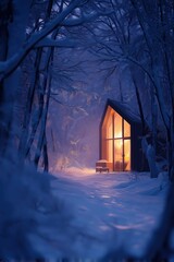 Obraz premium A cozy cabin illuminated in a winter forest, surrounded by snow-covered trees and a tranquil atmosphere, evoking warmth and solitude.