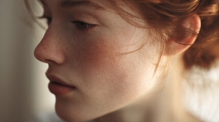 Close-up portrait of a young woman's face. she appears to be in her late twenties or early thirties, with her hair pulled back in a messy bun.