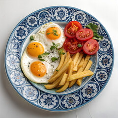 Fried eggs with bacon and vegetables, Breakfast plate with fried eggs, sausage, tomatoes, and fries served on a decorative blue plate, fried eggs with vegetables and toast on the white background.


