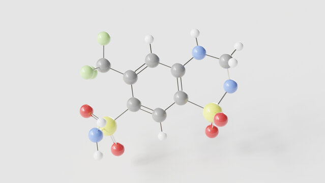 hydroflumethiazide molecule 3d, molecular structure, ball and stick model, structural chemical formula antihypertensive agent
