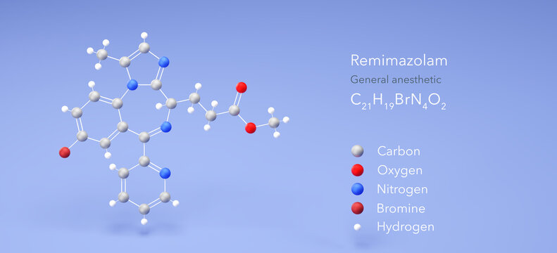 remimazolam molecule, molecular structure, general anesthetic 3d model, Structural Chemical Formula and Atoms with Color Coding
