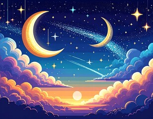 Colorful sky art features moons, stars, clouds, and a radiant sun above a body of water