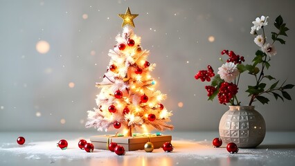 Elegant vintage inspired christmas tree with red ornaments and floral arrangement