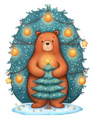 Whimsical watercolor cozy cartoon Christmas A bear stands beside a decorated Christmas tree, creating a whimsical winter scene.