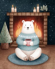 Whimsical watercolor cozy cartoon Christmas A cozy bear in a sweater enjoys a warm drink by the fireplace.
