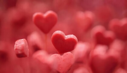 Red Glossy Heart Candies Background. Close-up of shiny red heart shaped candies forming a vibrant, seamless background. Perfect for Valentine&rsquo;s Day, love themes, sweetness, and celebration concepts.