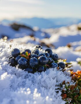Extreme close-up of Crowberry (Empetrum nigrum) black berries, Nordic tundra plant.