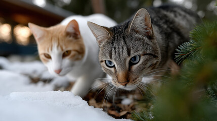 Fototapeta premium Two cats, one orange and one grey, explore a snowy landscape, showcasing their curiosity and playfulness in a serene winter environment filled with snow and pine.