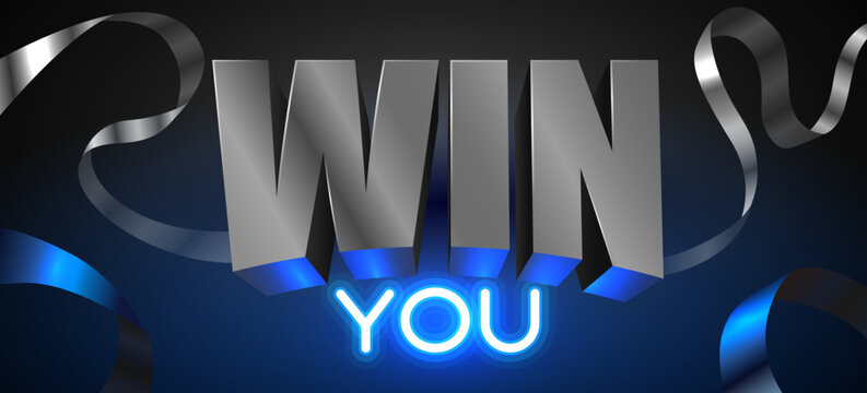 Dynamic WIN YOU text with metallic 3D letters and glowing neon against a dark background.