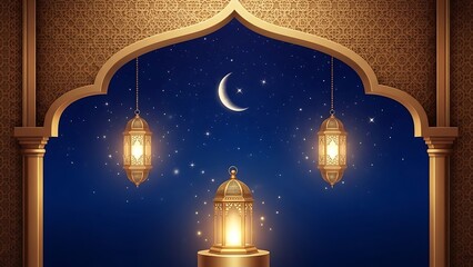 Elegant arched doorway with illuminated lanterns and a crescent moon for ramadan