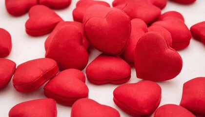 Red Glossy Heart Candies Background. Close-up of shiny red heart shaped candies forming a vibrant, seamless background. Perfect for Valentine&rsquo;s Day, love themes, sweetness, and celebration concepts.