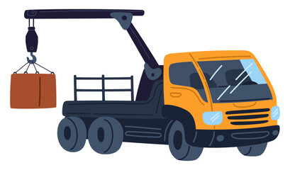 Naklejka premium Truck with crane. Vehicle for loading and transporting goods. Car freight delivery. Cargo machine. Box transportation. Packaging lifting with winch. Automobile loader. Vector concept