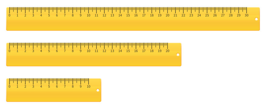 Realistic yellow measuring rulers ten, twenty and thirty centimeters long. Millimeter measurement. Straight lines. School isolated accessories. Plastic scale. Vector stationeries set