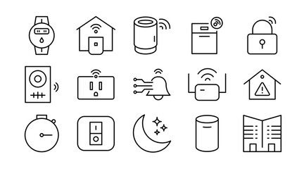 Smart Home line icon set. Home automation, IoT, connected devices, security, lighting, thermostat, smart locks, sensors, appliances, remote control, icons vector illustration. Pixel-perfect stroke