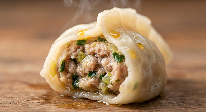 Close-up of a steaming, hot Chinese dumpling cut open, showing pork and chive filling.
