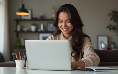 Positive happy female freelancer has busy working day, works distantly from home, sits in front of laptop computer against modern interior, works on creative task, watches webinar for improving skills