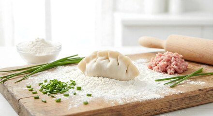 Uncooked dumpling, raw meat, chives, and flour on a wooden board ready for cooking.